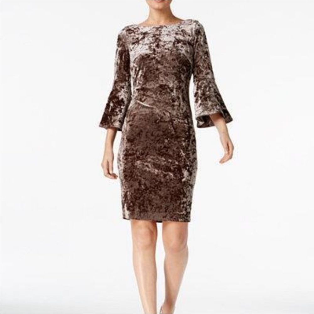 Calvin Klein Taupe Brown Velvet 3/4 Long Bell Sleeve Sheath Dress size 12.